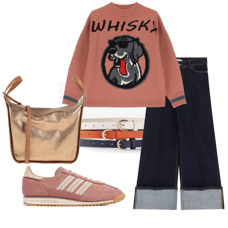 Outfit donna - Whisky. Stile Casual per Tutti i giorni. Abbinamento con cinture, borse a mano, pullovers, jeans, sneakers.