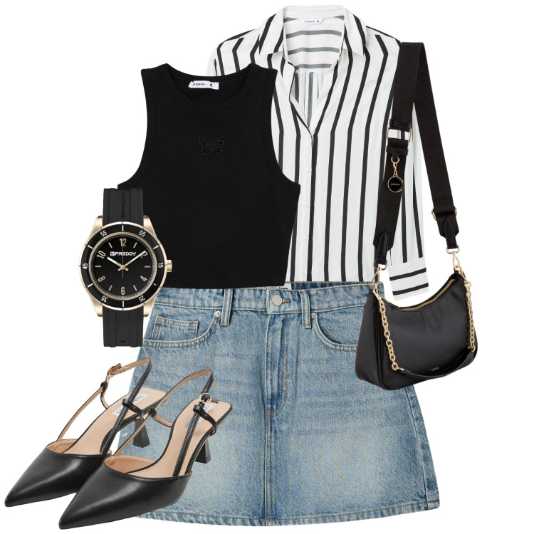 Outfit donna - City. Stile Casual chic per Tutti i giorni. Abbinamento con minigonne, sabot, camicie, canottiere, orologi, borse a tracolla.
