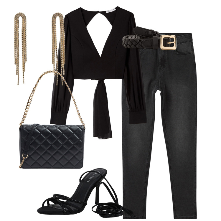 Outfit donna - Serata. Stile Trendy per Serata fuori. Abbinamento con jeans skinny, bluse, borse a tracolla, sandali alla schiava, orecchini, cinture.