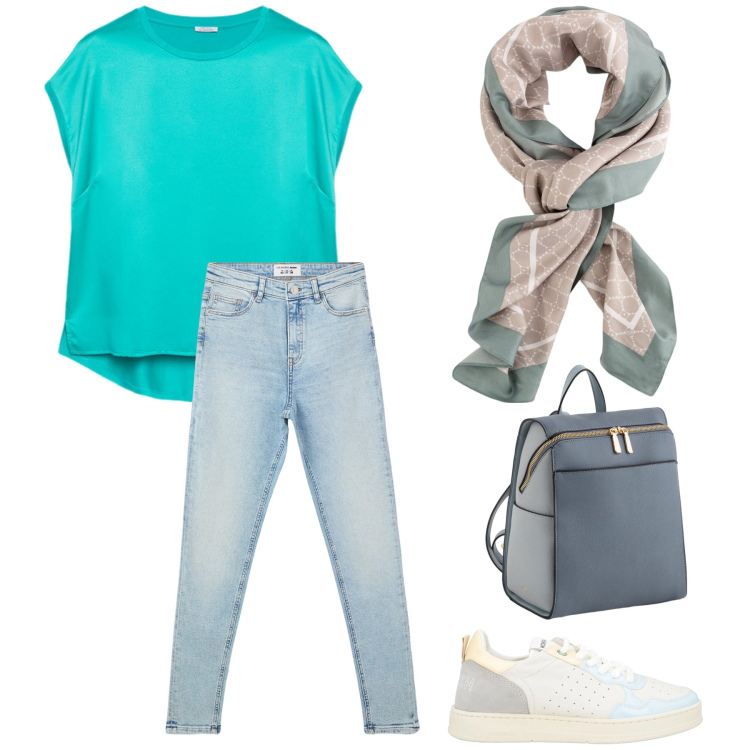 Outfit donna - Tutti i giorni. Stile Casual per Tutti i giorni. Abbinamento con sneakers, jeans skinny, bluse, foulard, zaini.