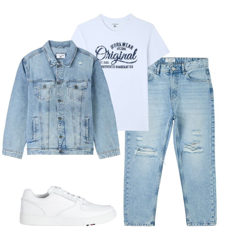 Outfit uomo - Total look #2090267. Stile Casual per Tutti i giorni. Abbinamento con sneakers, giacche, jeans strappati, t-shirt.