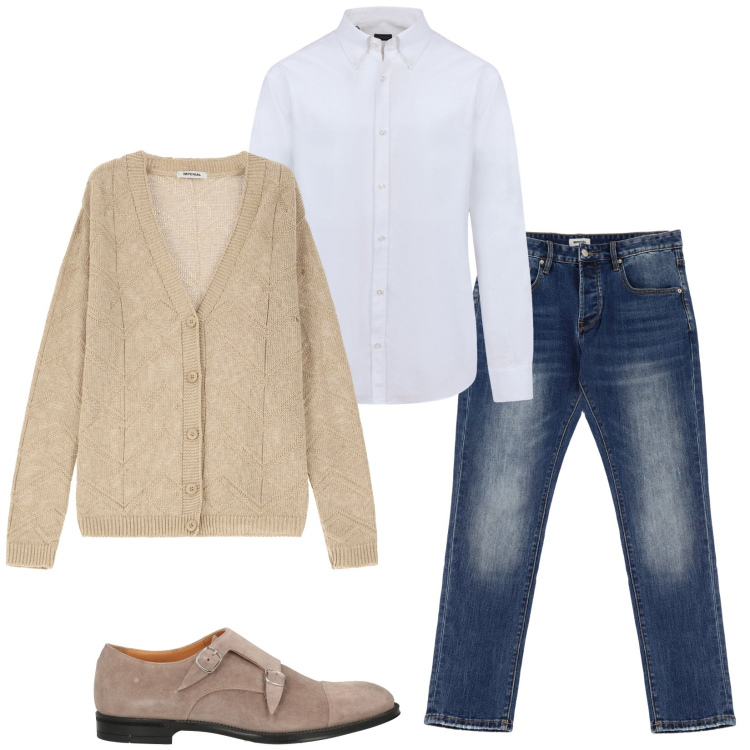 Outfit uomo - Il cardigan chiaro. Stile Casual per Tutti i giorni. Abbinamento con scarpe stringate, cardigans, jeans dritti, camicie.