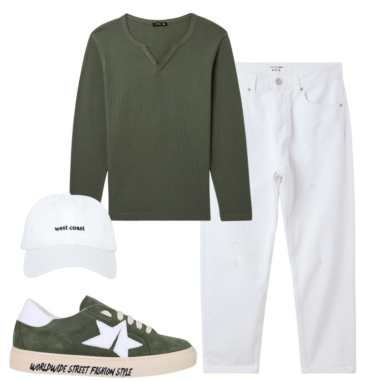 Outfit uomo - City. Stile Casual per Tutti i giorni. Abbinamento con cappelli, jeans strappati, t-shirt, sneakers.