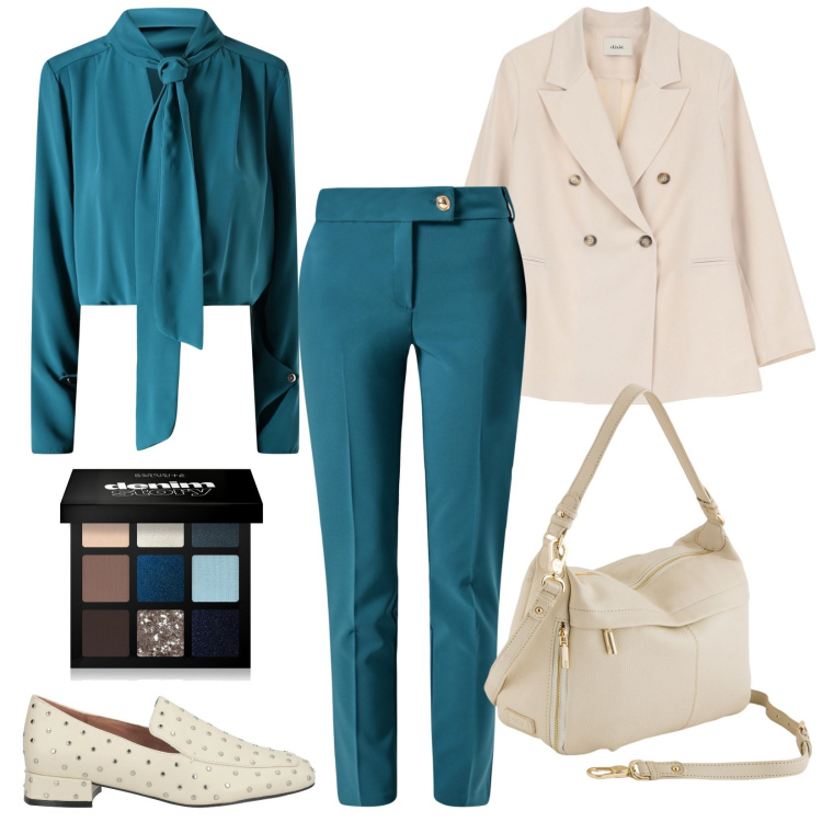 Outfit donna - Cena formale. Stile Chic per Serata fuori. Abbinamento con mocassini, ombretti, bluse, pantaloni, blazer, borse a tracolla.