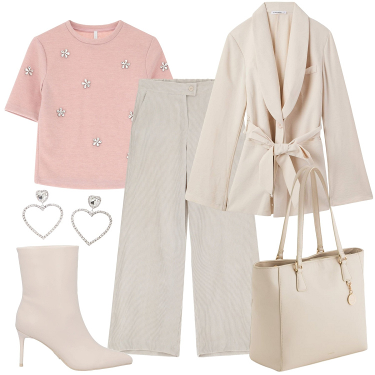 Outfit donna - Gli strass. Stile Chic per Tutti i giorni. Abbinamento con stivaletti, blazer, maglieria, pantaloni a palazzo, orecchini, shopping bag.