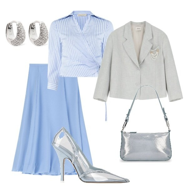 Outfit donna - Cerimonia tra intimi. Stile Glamour per Serata fuori. Abbinamento con décolleté, camicie, gonne longuette, blazer, borse a spalla, orecchini.