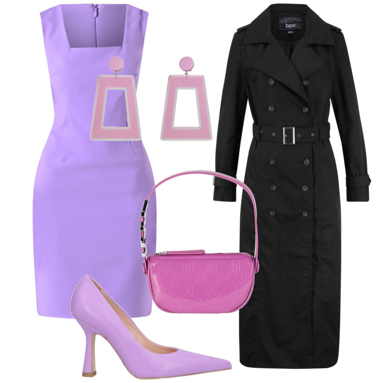 Outfit donna - Lilla. Stile Casual chic per Tutti i giorni. Abbinamento con trench, orecchini, borse a mano, décolleté, vestiti a tubino.