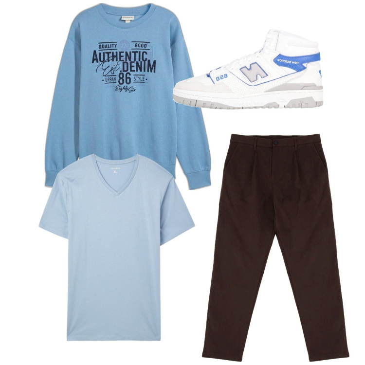Outfit uomo - City. Stile Casual per Tutti i giorni. Abbinamento con felpe, sneakers alte, t-shirt, pantaloni chino.