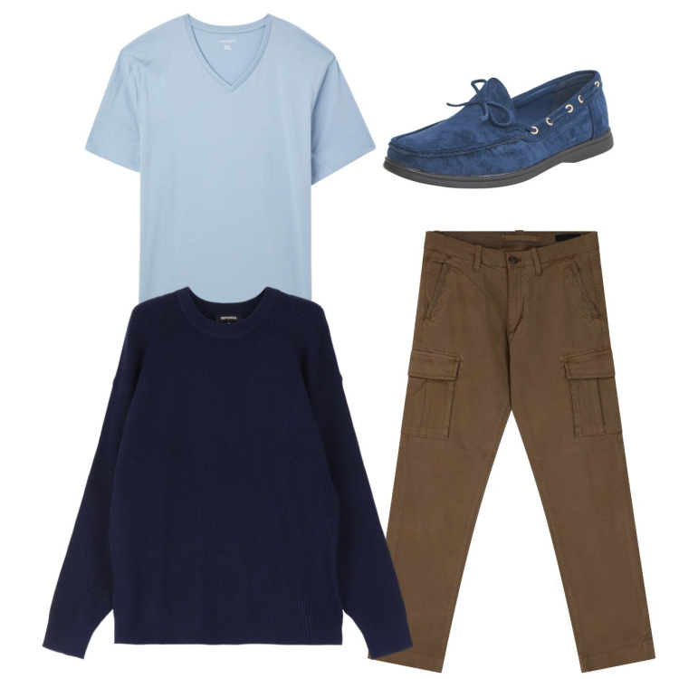 Outfit uomo - City. Stile Casual per Tutti i giorni. Abbinamento con t-shirt, scarpe stringate, pantaloni cargo, pullovers.