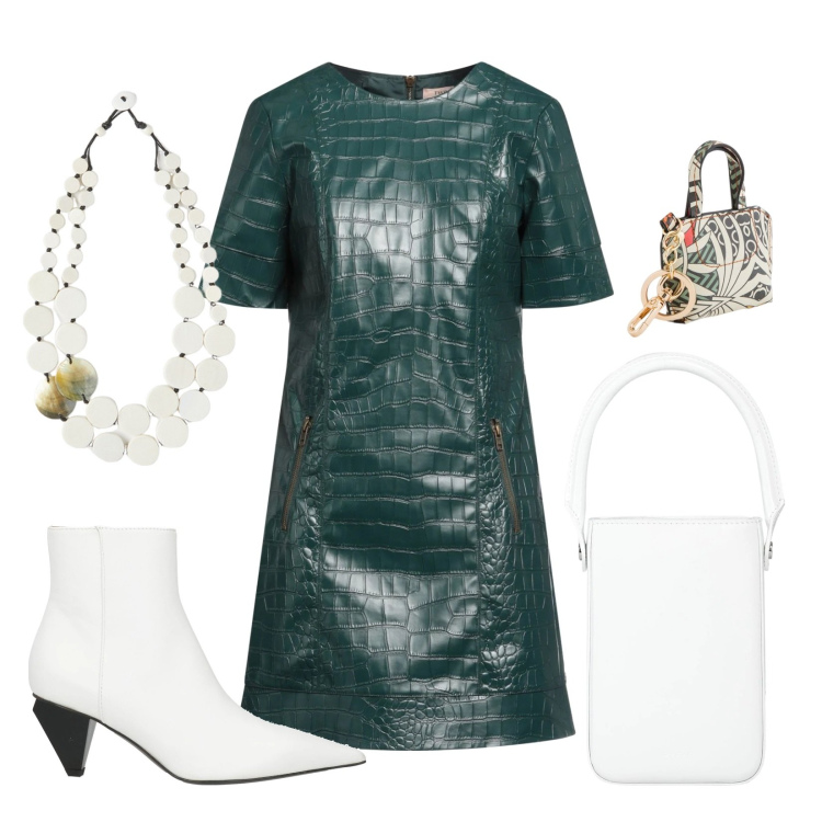 Outfit donna - Un pomeriggio di shopping. Stile Casual chic per Tutti i giorni. Abbinamento con stivaletti, vestiti corti, borse a mano, ciondoli, portachiavi.