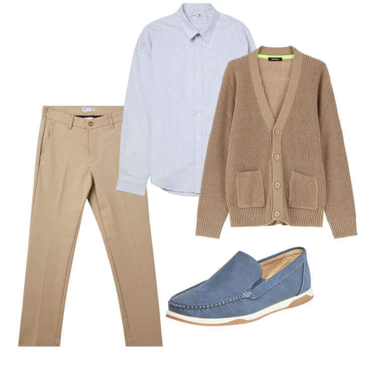 Outfit uomo - Pomeriggio. Stile Casual per Tutti i giorni. Abbinamento con camicie, scarpe stringate, pantaloni chino, cardigans.