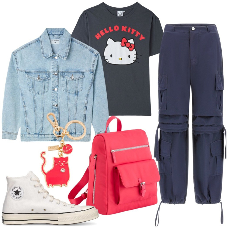 Outfit donna - A lezione. Stile Urban per Scuola/Università. Abbinamento con t-shirt, cappotti, pantaloni cargo, sneakers, zaini, portachiavi.