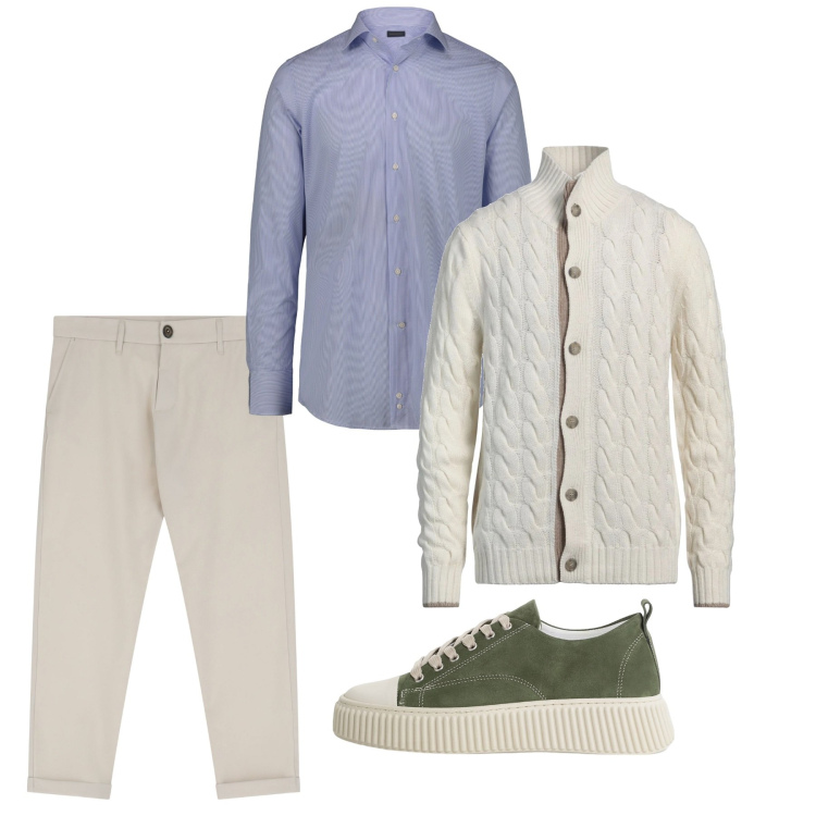 Outfit uomo - Primavera. Stile Casual per Tutti i giorni. Abbinamento con cardigans, pantaloni chino, sneakers, camicie.