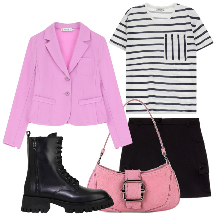 Outfit donna - Righe ipnotiche. Stile Minimal per Tutti i giorni. Abbinamento con blazer, stivali, t-shirt, minigonne, borse a spalla.
