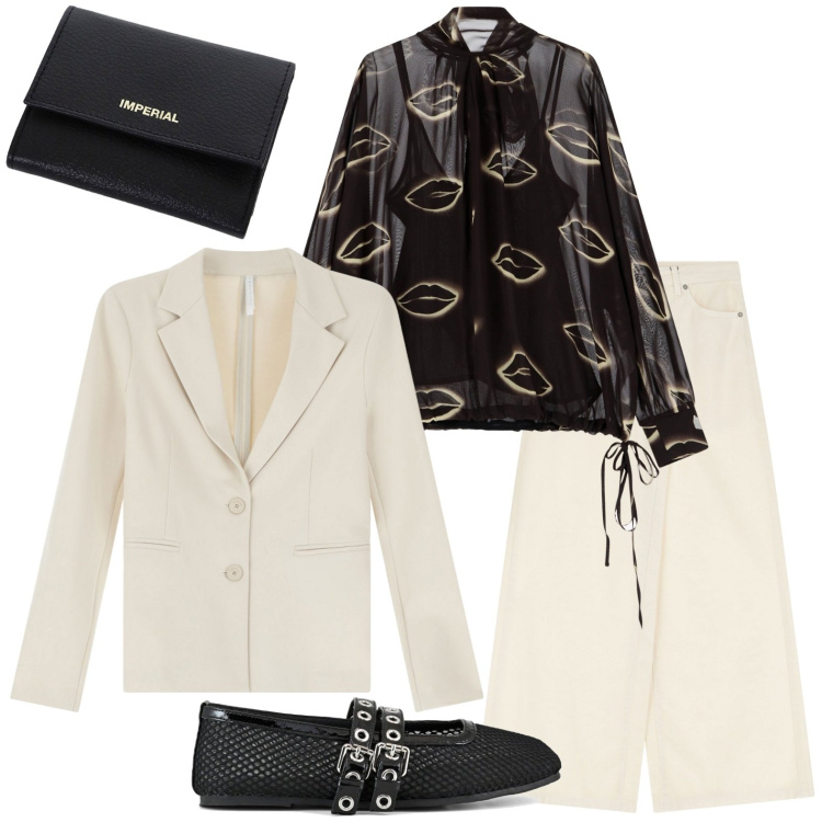 Outfit donna - La camicia piena di baci. Stile Minimal per Tutti i giorni. Abbinamento con blazer, portafogli, camicie, jeans, ballerine.