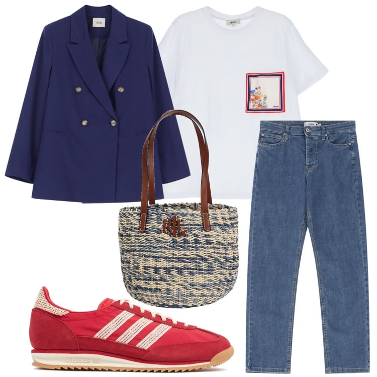 Outfit donna - La giacca doppiopetto. Stile Glamour per Tutti i giorni. Abbinamento con borse a spalla, jeans dritti, blazer, t-shirt, sneakers.