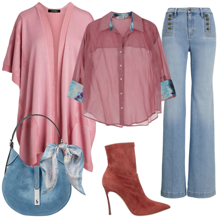 Outfit donna - Denim e Rosa. Stile Casual chic per Tutti i giorni. Abbinamento con stivaletti, camicie, borse a spalla, jeans, cappe, foulard.