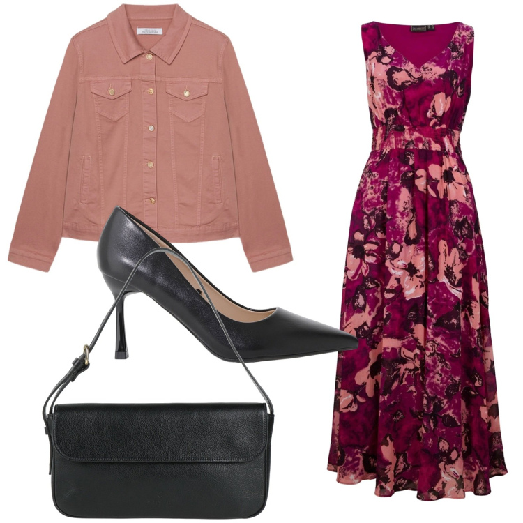 Outfit donna - Il vestito floreale. Stile Romantica per Serata fuori. Abbinamento con vestiti lunghi, borse a mano, décolleté, blazer.
