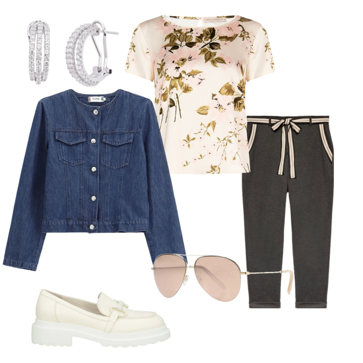Outfit donna - Total look. Stile Casual per Tutti i giorni. Abbinamento con mocassini, occhiali da sole, orecchini, bluse, blazer, pantaloni chino.