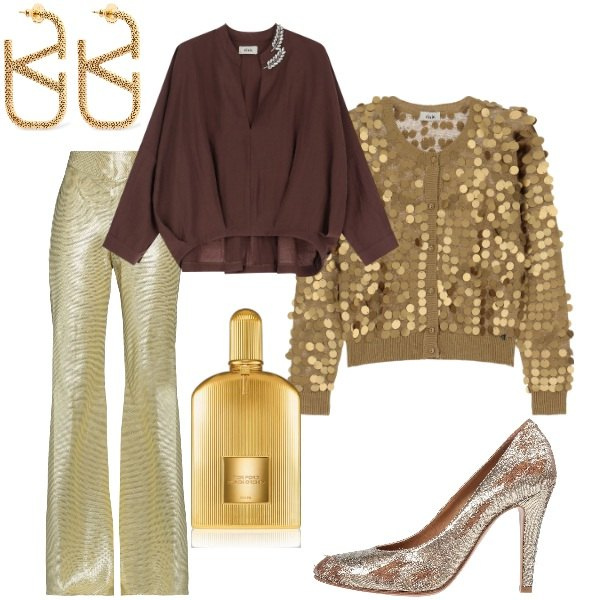Outfit donna - Cerimonia tra intimi. Stile Glamour per Serata fuori. Abbinamento con pantaloni, décolleté, profumi, camicie, cardigans, orecchini.