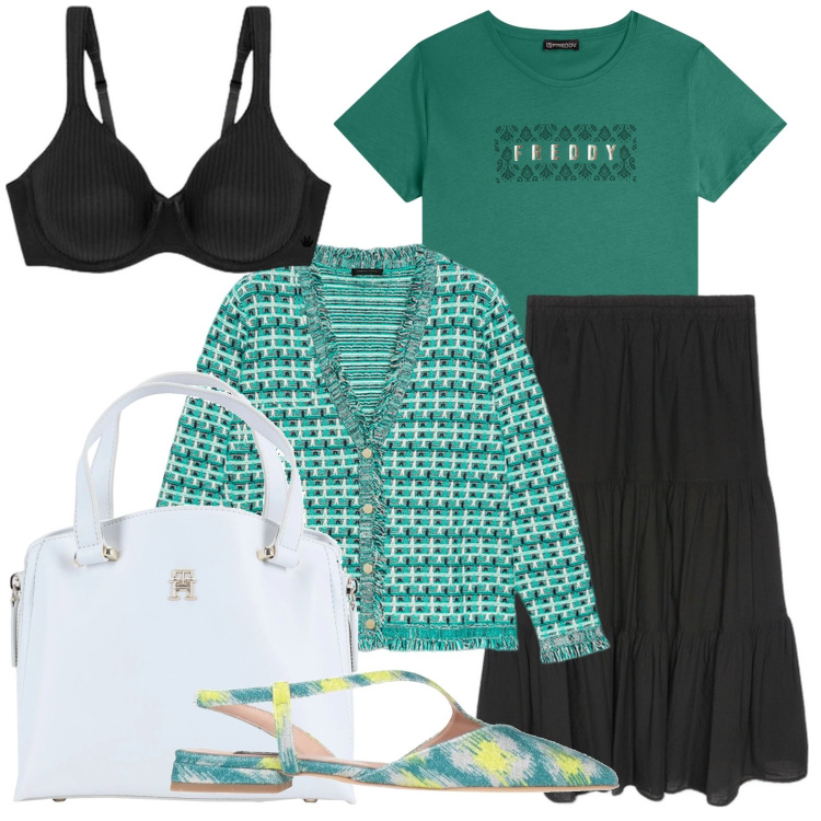 Outfit donna - Toni del verde. Stile Glamour per Tutti i giorni. Abbinamento con ballerine, borse a mano, t-shirt, reggiseni, cardigans, gonne lunghe.