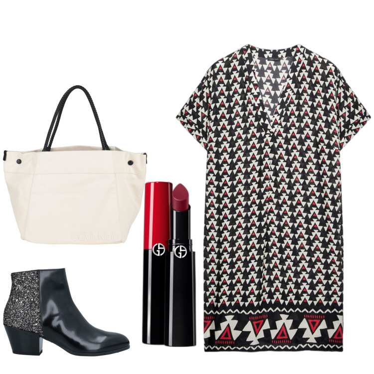 Outfit donna - Rossetto rosso. Stile Etnico per Tutti i giorni. Abbinamento con borse a mano, stivaletti, rossetti, vestiti midi/longuette.