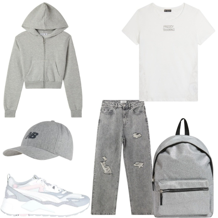 Outfit donna - Andiamo a scuola. Stile Basic per Scuola/Università. Abbinamento con sneakers, felpe con cappuccio, zaini, jeans strappati, cappelli con visiera, t-shirt.