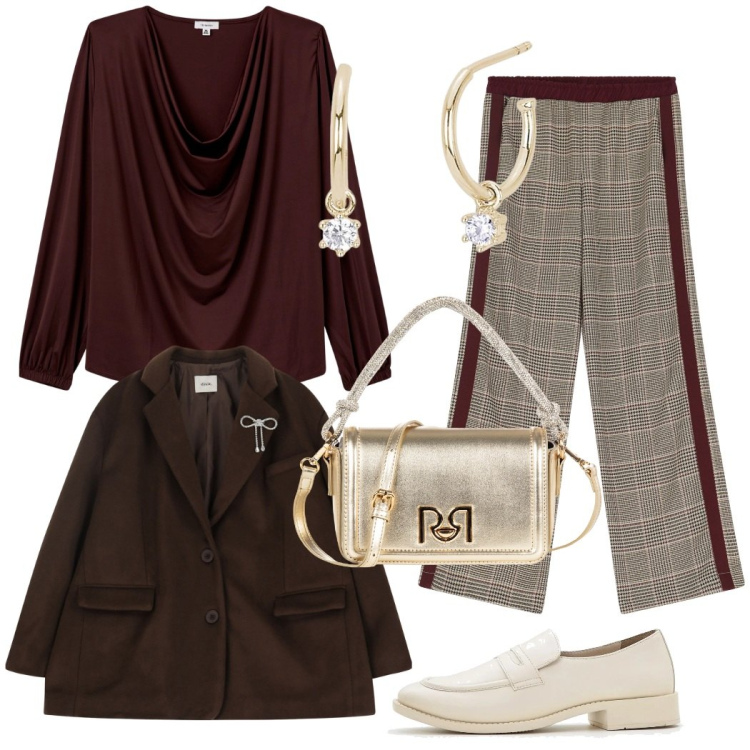 Outfit donna - Color cioccolato per l\' autunno. Stile Trendy per Tutti i giorni. Abbinamento con mocassini, t-shirt, orecchini, borse a mano, pantaloni, blazer.