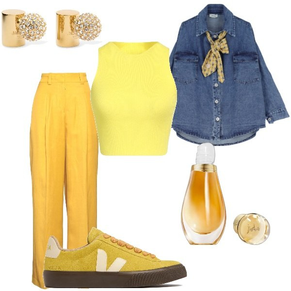 Outfit donna - Aspettando la primavera. Stile Casual chic per Tutti i giorni. Abbinamento con top, pantaloni, profumi, camicie, orecchini, sneakers.