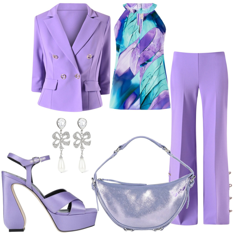 Outfit donna - Invito ad un evento. Stile Chic per Cerimonia. Abbinamento con sandali in pelle, borse a mano, pantaloni a palazzo, top, blazer, orecchini.