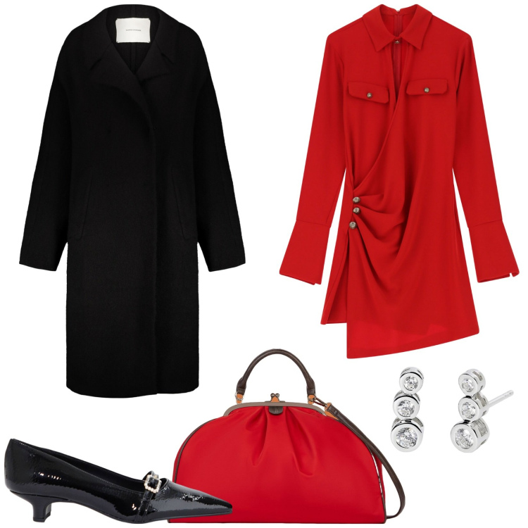 Outfit donna - Rosso di sera. Stile Trendy per Serata fuori. Abbinamento con orecchini, ballerine, vestiti asimmetrici, cappotti, borse a spalla.