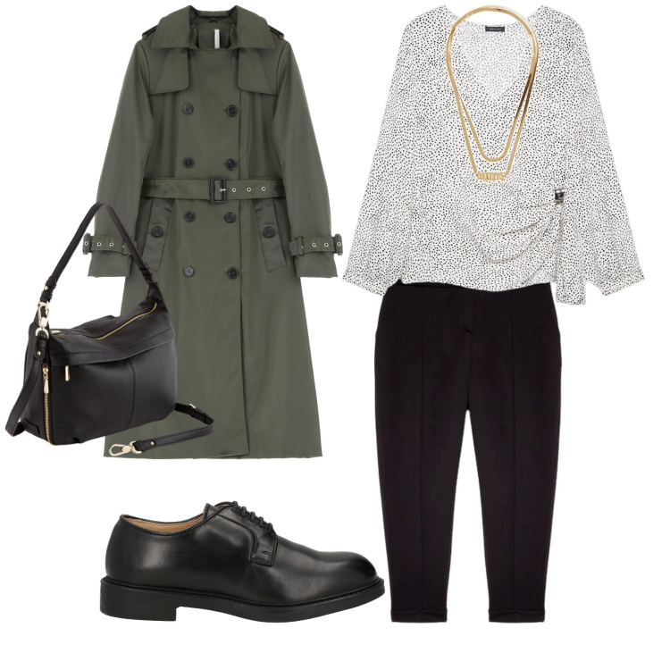 Outfit donna - Per tutti i giorni. per Scuola/Università. Abbinamento con collane, scarpe stringate, trench, pantaloni chino, bluse, borse a tracolla.