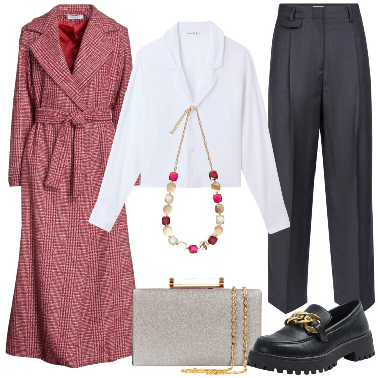 Outfit donna - Cappotto lungo. Stile Casual chic per Tutti i giorni. Abbinamento con cappotti, camicie, mocassini, clutch, collane, pantaloni.