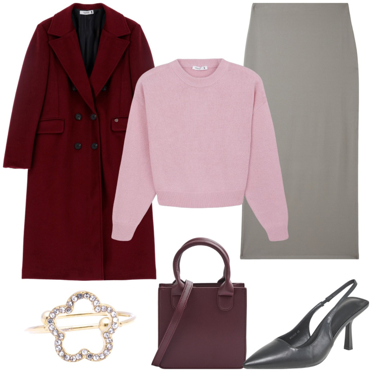 Outfit donna - Maglione e longuette. Stile Casual chic per Tutti i giorni. Abbinamento con maglieria, décolleté, gonne lunghe, shopping bag, cappotti, anelli.