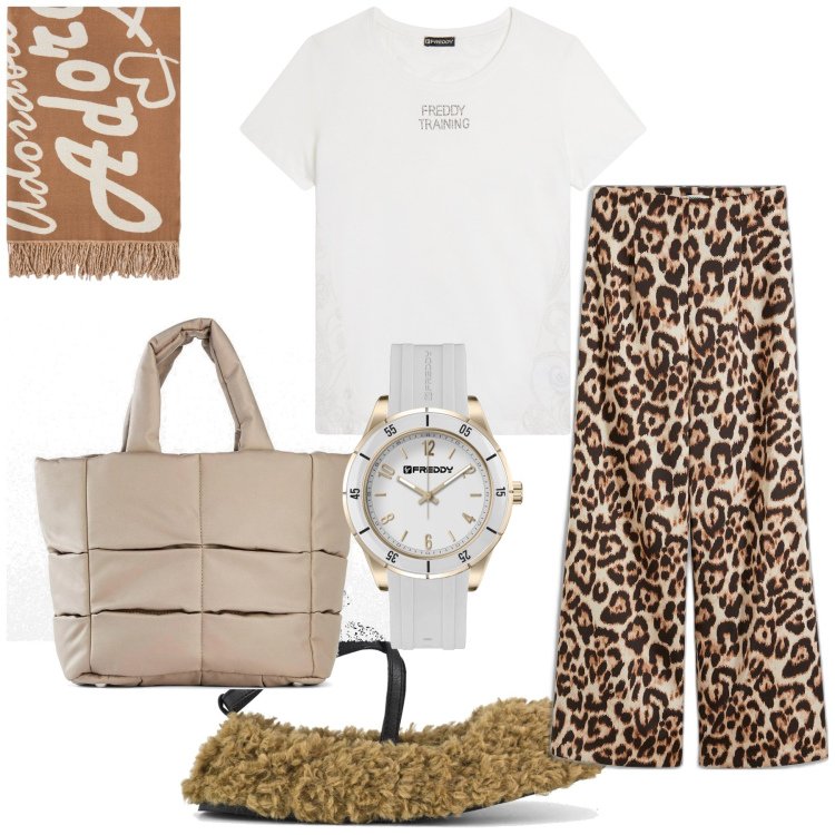 Outfit donna - Look adorabile. Stile Casual chic per Tutti i giorni. Abbinamento con pantaloni, borse a mano, t-shirt, orologi, ballerine, sciarpe.