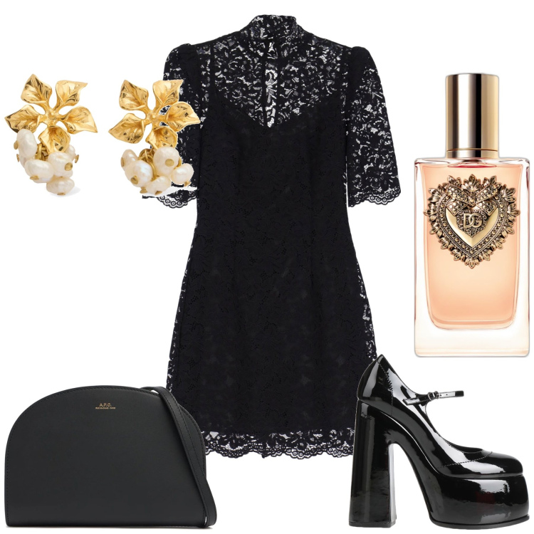Outfit donna - Pizzo fiori cuori e zeppe. Stile Glamour per Serata fuori. Abbinamento con décolleté, profumi, vestiti corti, clutch, orecchini.