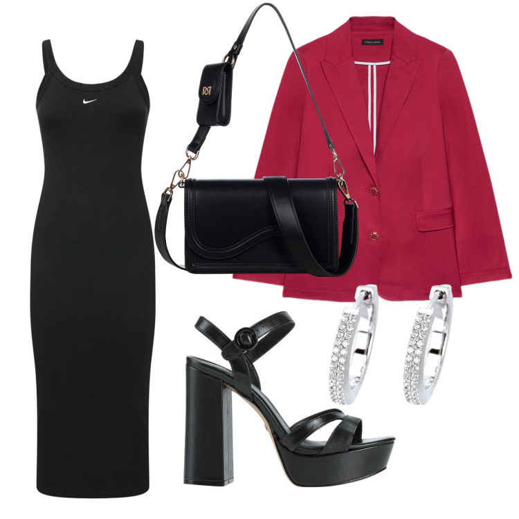 Outfit donna - Red passion. Stile Romantica per Serata fuori. Abbinamento con sandali in pelle, orecchini, pochette, blazer, vestiti.