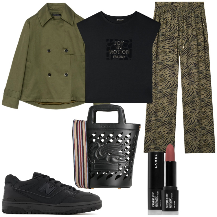 Outfit donna - I colori della rinascita. Stile Sporty chic per Tutti i giorni. Abbinamento con borse a mano, rossetti, sneakers, pantaloni, t-shirt, trench.
