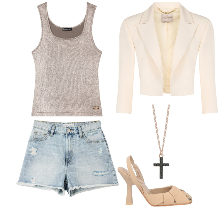 Outfit donna - Feel young. Stile Urban per Serata fuori. Abbinamento con décolleté, shorts, collane, bolero, canottiere.