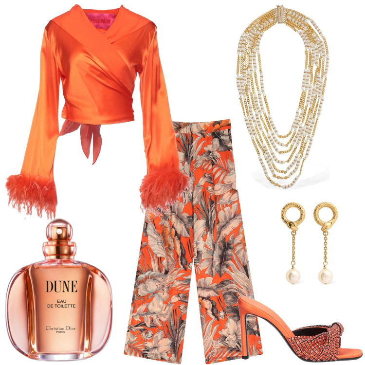 Outfit donna - Colori caldi in attesa del sole. Stile Glamour per Serata fuori. Abbinamento con camicie, sandali col tacco, profumi, pantaloni a palazzo, collane, orecchini.