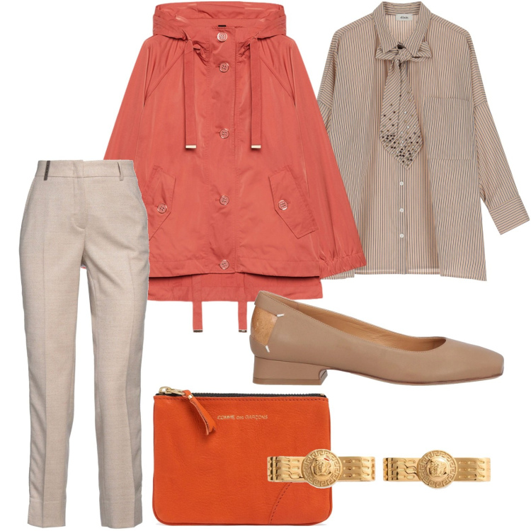 Outfit donna - Parka color papaia. Stile Casual per Tutti i giorni. Abbinamento con ballerine, pantaloni, camicie, parka, portafogli, orecchini.
