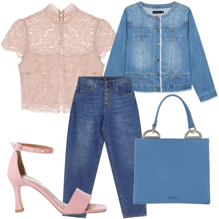 Outfit donna - Top in pizzo. Stile Casual per Ufficio. Abbinamento con borse a mano, sandali col tacco, top, jeans, blazer.