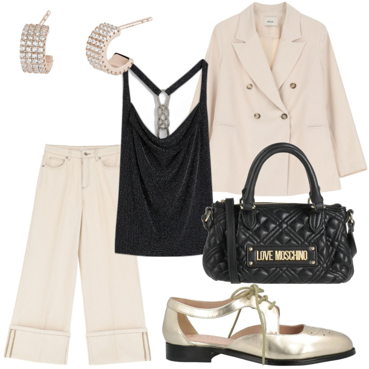 Outfit donna - Capi raffinati. Stile Bon Ton per Ufficio. Abbinamento con borse a mano, scarpe stringate, top, orecchini, blazer, pantaloni.