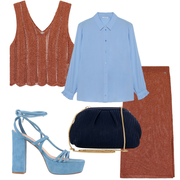Outfit donna - Stile inimitabile. Stile Casual per Tutti i giorni. Abbinamento con sandali in pelle, pochette, top, gonne longuette, camicie.
