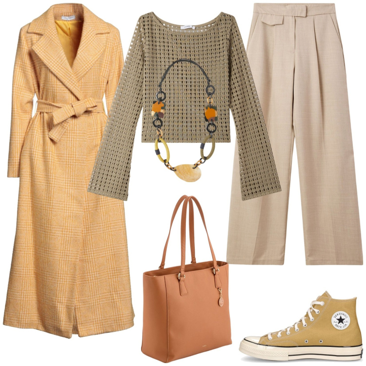 Outfit donna - Cappotto lungo e All stars. Stile Casual per Tutti i giorni. Abbinamento con cappotti, pantaloni, maglieria, sneakers, collane, shopping bag.