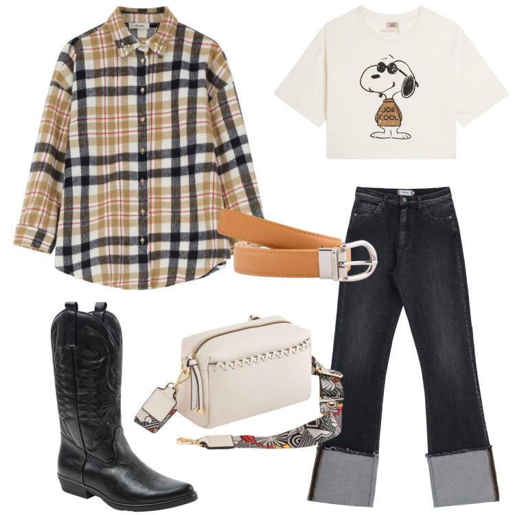 Outfit donna - Total look #2090411. Stile Trendy per Tutti i giorni. Abbinamento con stivali, jeans dritti, t-shirt, camicie, cinture, borse a tracolla.