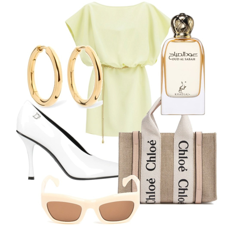 Outfit donna - Comunione. Stile Chic per Cerimonia. Abbinamento con décolleté, profumi, vestiti corti, borse a mano, orecchini, occhiali da sole.