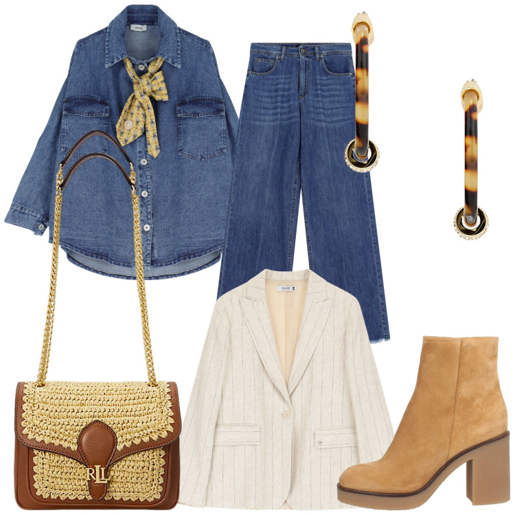 Outfit donna - Total look #2090418. Abbinamento con borse a spalla, orecchini, blazer, jeans, camicie, stivaletti.