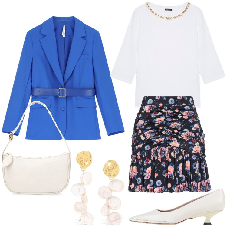 Outfit donna - Domenica in famiglia. Stile Bon Ton per Tutti i giorni. Abbinamento con décolleté, minigonne, blazer, t-shirt, orecchini, borse a spalla.