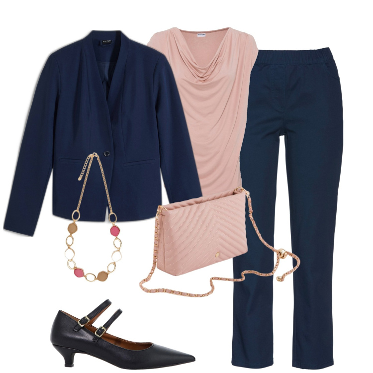 Outfit donna - Cerimonia. Stile Chic per Cerimonia. Abbinamento con pantaloni, maglieria, blazer, décolleté, collane, borse a tracolla.